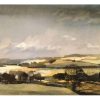 Watercolour countryside landscape with rolling hills, golden fields, scattered trees, and dramatic light breaking through mixed dark and bright clouds, capturing the tranquil scenery of England and Wales