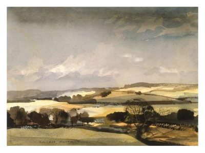 Watercolour countryside landscape with rolling hills, golden fields, scattered trees, and dramatic light breaking through mixed dark and bright clouds, capturing the tranquil scenery of England and Wales