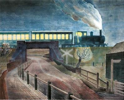 Train Going over a Bridge at Night by Eric Ravilious