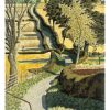 Stylised countryside landscape painting with a winding rural path, terraced golden fields, mixed green and leafless trees, and a lone walker moving through a hilly autumn scene