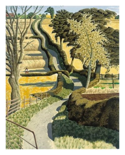 Stylised countryside landscape painting with a winding rural path, terraced golden fields, mixed green and leafless trees, and a lone walker moving through a hilly autumn scene