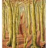 “Surreal forest illustration with tall leafless trees, a winding path, dense fallen leaves, and tree trunks morphing into human‑like forms in a fantasy woodland landscape.