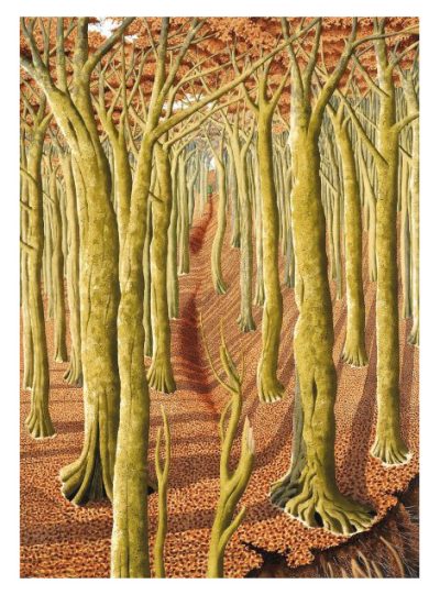“Surreal forest illustration with tall leafless trees, a winding path, dense fallen leaves, and tree trunks morphing into human‑like forms in a fantasy woodland landscape.