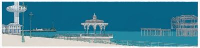 Brighton I360, Palace Pier, Bandstand and West Pier Panorama Ocean blue By Alej ez