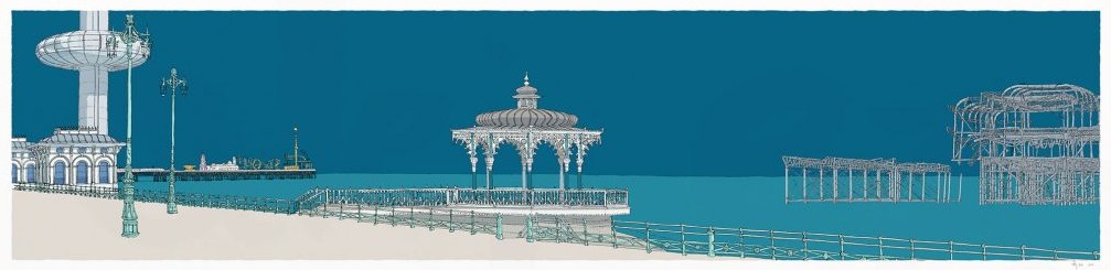 Brighton I360, Palace Pier, Bandstand and West Pier Panorama Ocean blue By Alej ez