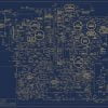 Infographic‑style jazz history artwork designed like an electrical circuit diagram, featuring major musicians such as Louis Armstrong, Ella Fitzgerald, Billie Holiday, Duke Ellington, Miles Davis, John Coltrane, Herbie Hancock, and Kamasi Washington, with branching connections showing the evolution and influence of jazz music