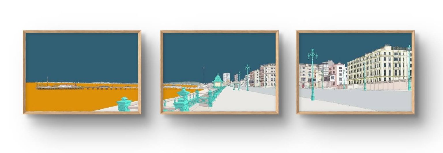 Brighton Kemptown to Hove seafront triptych panoramic image (A2 prints