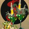 Surreal illustration of two female divers plunging into green cocktail glasses with abstract plants, red bubbles and lemons