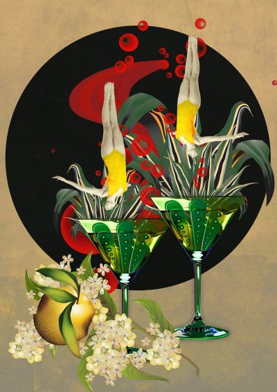 Surreal illustration of two female divers plunging into green cocktail glasses with abstract plants, red bubbles and lemons