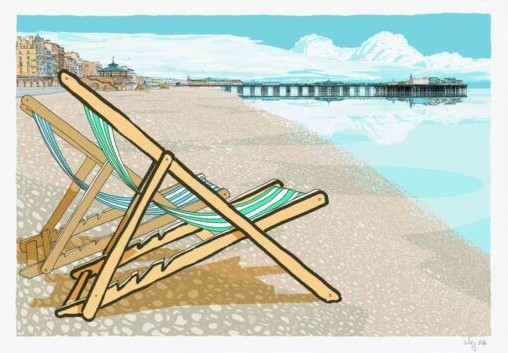 Brighton Pebble Beach and Deck Chairs Sky Blue By Alej ez