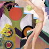 Surreal stylised diver illustration with geometric shapes, bold colours, abstract plants and patterned water elements