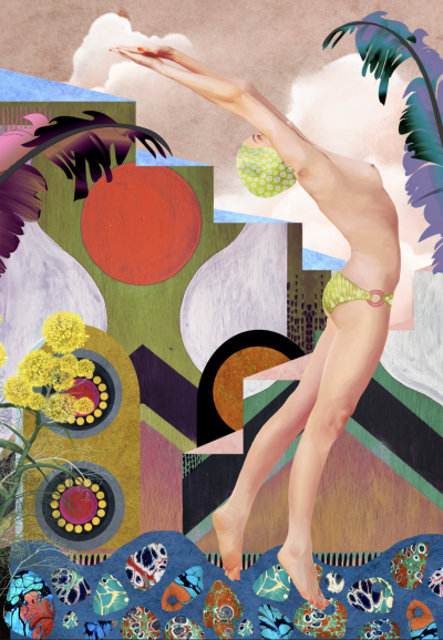 Surreal stylised diver illustration with geometric shapes, bold colours, abstract plants and patterned water elements