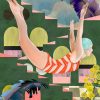 Surreal stylised female diver in red striped swimsuit with geometric architecture, tropical leaves and soft cloudy sky