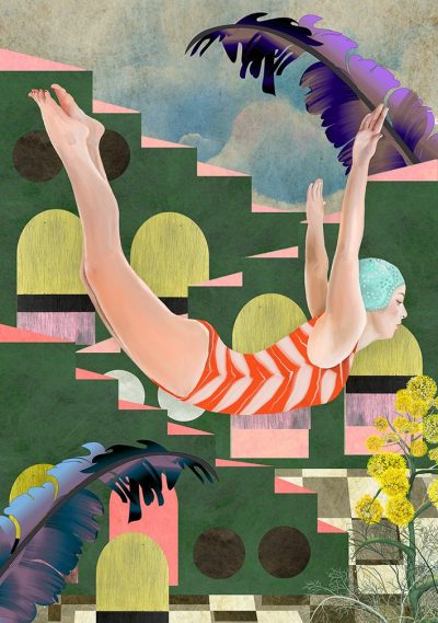 Surreal stylised female diver in red striped swimsuit with geometric architecture, tropical leaves and soft cloudy sky