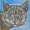 Stylised abstract cat portrait with bold brushstrokes, earthy brown and grey tones, gold accents, and a vibrant blue background