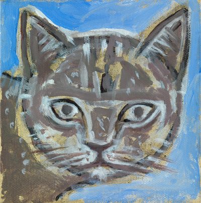 Stylised abstract cat portrait with bold brushstrokes, earthy brown and grey tones, gold accents, and a vibrant blue background