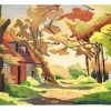 Watercolour painting of a sunlit rural pathway with autumn trees, village buildings and soft countryside scenery.