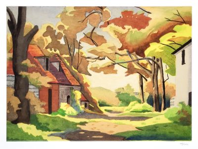 Watercolour painting of a sunlit rural pathway with autumn trees, village buildings and soft countryside scenery.