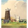 Illustrated rural landscape with multiple traditional windmills, rolling hills, green fields and a partly cloudy sky.