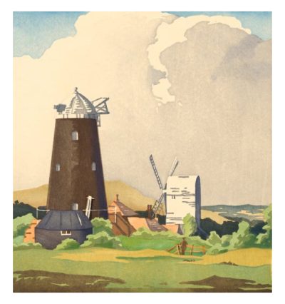 Illustrated rural landscape with multiple traditional windmills, rolling hills, green fields and a partly cloudy sky.