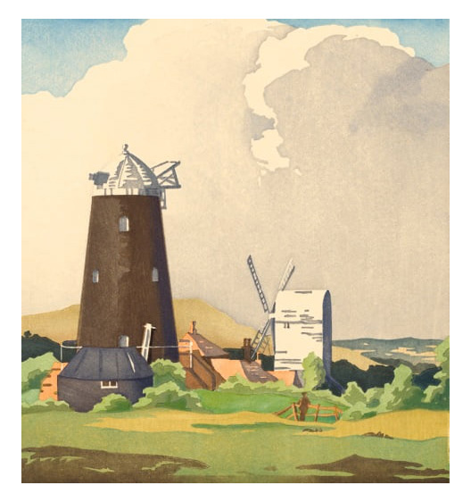 Illustrated rural landscape with multiple traditional windmills, rolling hills, green fields and a partly cloudy sky.
