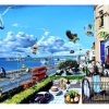 Surreal seaside artwork featuring floating animals, a sky whale, giant rubber duck, balloons, books-as-buildings and a Brighton promenade scene. double‑decker bus, oversized animals like a giant rubber duck, and whimsical buildings decorated with books, statues, and balcony animals, set against a bright blue sky