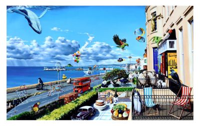 Surreal seaside artwork featuring floating animals, a sky whale, giant rubber duck, balloons, books-as-buildings and a Brighton promenade scene. double‑decker bus, oversized animals like a giant rubber duck, and whimsical buildings decorated with books, statues, and balcony animals, set against a bright blue sky