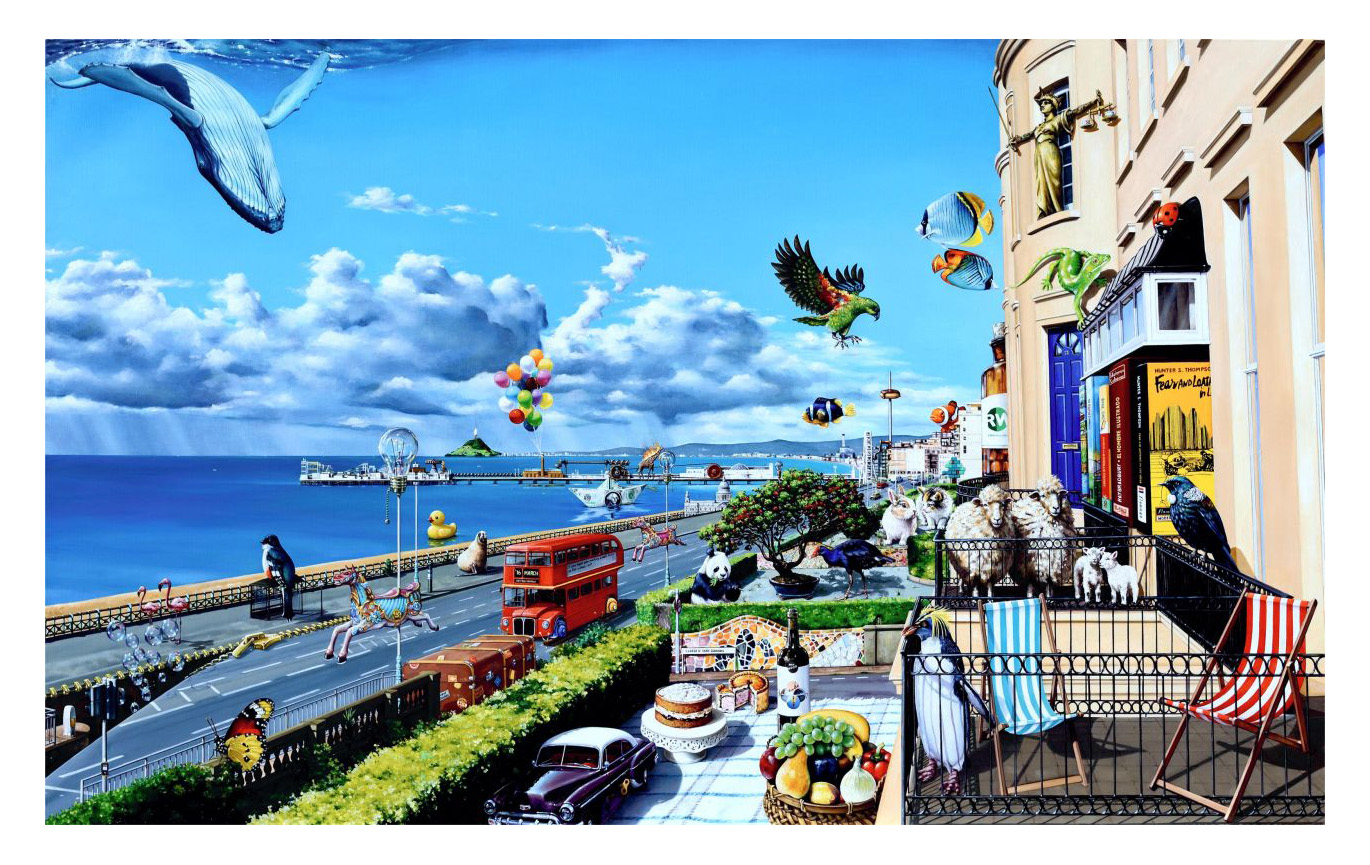 Surreal seaside artwork featuring floating animals, a sky whale, giant rubber duck, balloons, books-as-buildings and a Brighton promenade scene. double‑decker bus, oversized animals like a giant rubber duck, and whimsical buildings decorated with books, statues, and balcony animals, set against a bright blue sky