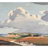 Watercolour-style rural landscape with dramatic clouds, rolling hills and a horse‑drawn plough guided by a farmer.