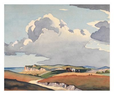 Watercolour-style rural landscape with dramatic clouds, rolling hills and a horse‑drawn plough guided by a farmer.