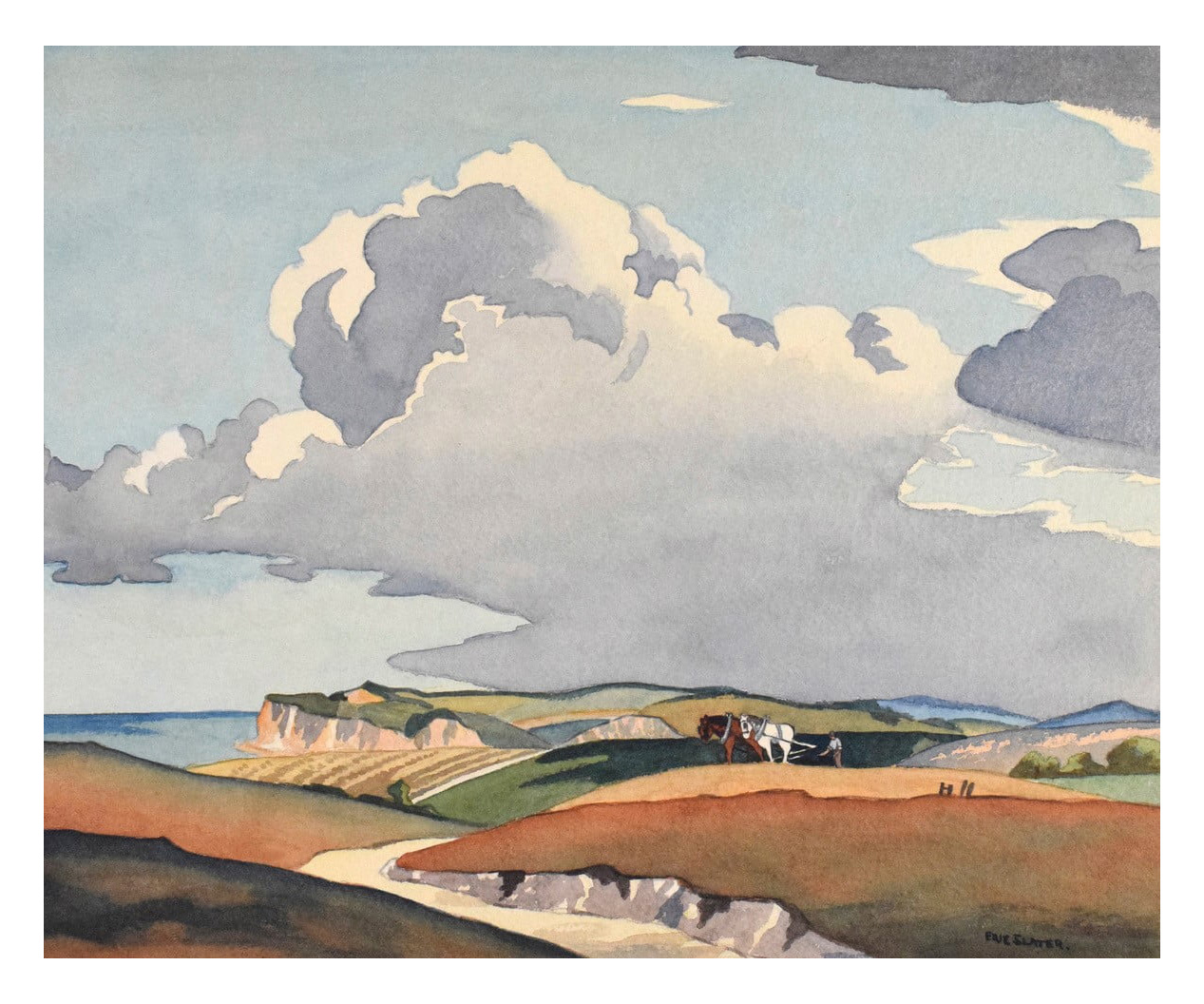 Watercolour-style rural landscape with dramatic clouds, rolling hills and a horse‑drawn plough guided by a farmer.