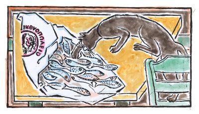 Cat stealing fish by John Craxton