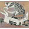 Stylised geometric painting of two intertwined cats in muted earth tones with bold striped patterns and abstract shapes.