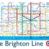 Stylised Brighton transit map inspired by London Underground design, featuring colourful themed lines, local landmarks and fictional station name