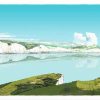Stylised coastal landscape with white chalk cliffs, calm blue water, grassy hilltop and wooden bench under a clear sky