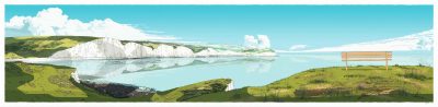 Stylised coastal landscape with white chalk cliffs, calm blue water, grassy hilltop and wooden bench under a clear sky