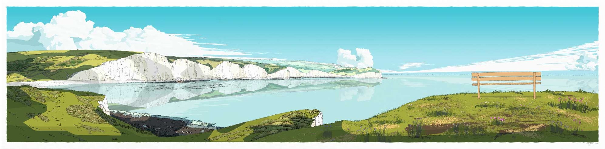 Stylised coastal landscape with white chalk cliffs, calm blue water, grassy hilltop and wooden bench under a clear sky
