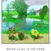 Water Lilies in the Pond with Pots of Flowers - white background By David Hockney