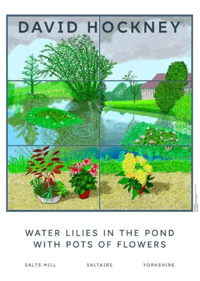 Water Lilies in the Pond with Pots of Flowers - white background By David Hockney