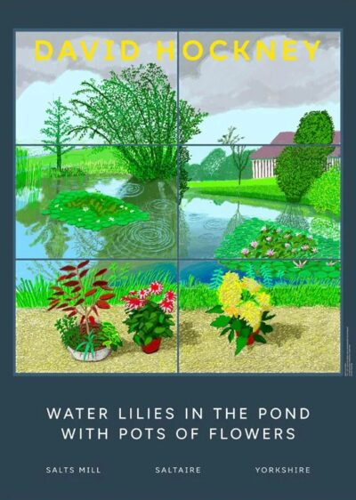 Water Lilies in the Pond with Pots of Flowers - Dark blue background By David Hockney