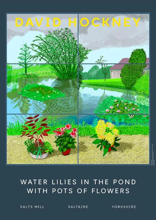 Water Lilies in the Pond with Pots of Flowers - Dark blue background By David Hockney