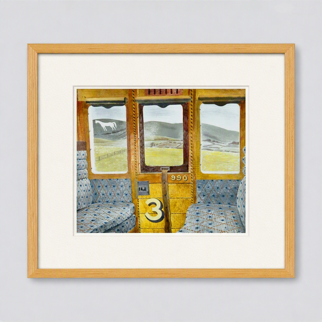 Interior of a vintage train carriage by Eric Ravilious, showing patterned blue seats, wooden paneling marked “3”, and countryside hills with a chalk horse visible through the windows.