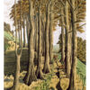 Painting of a forest pathway lined with tall slender trees, golden grass, distant hills and figures walking in the countryside.