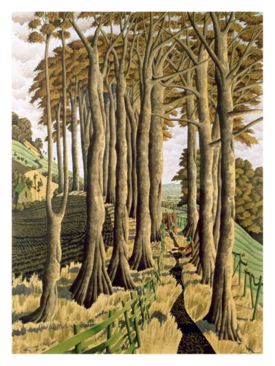 Painting of a forest pathway lined with tall slender trees, golden grass, distant hills and figures walking in the countryside.